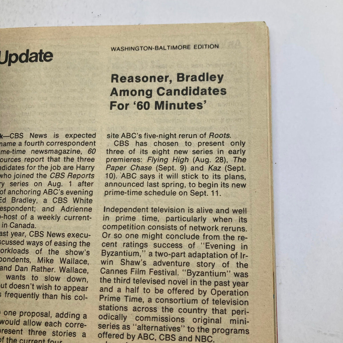 Another inside page from TV Guide Magazine September 2, 1978 displaying updates and news regarding television programming, including candidates for CBS's '60 Minutes'.