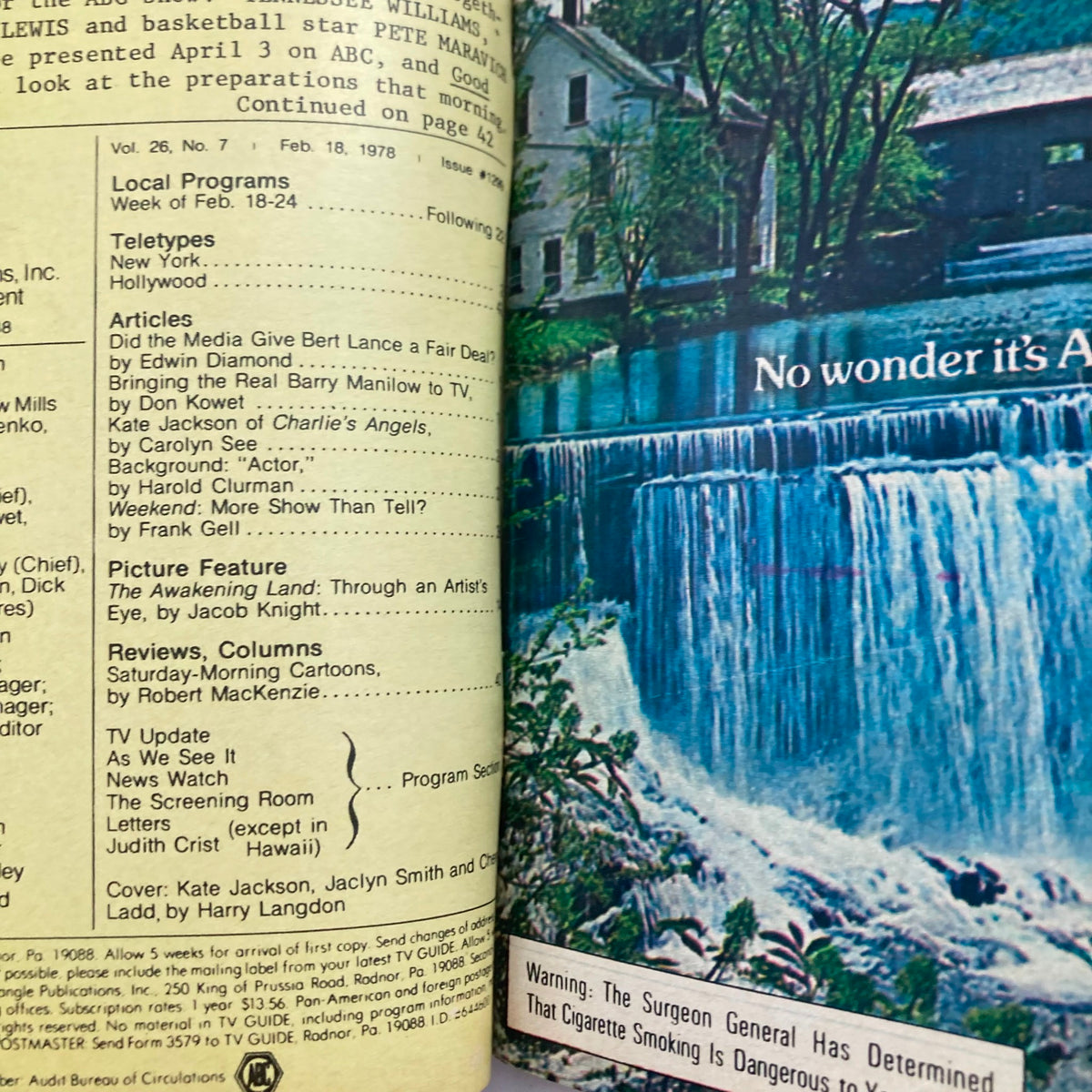 Inside page of TV Guide Magazine February 18 1978 featuring Kate Jackson, with sections on local programs, articles, and picture features, showcasing rich details about television history.