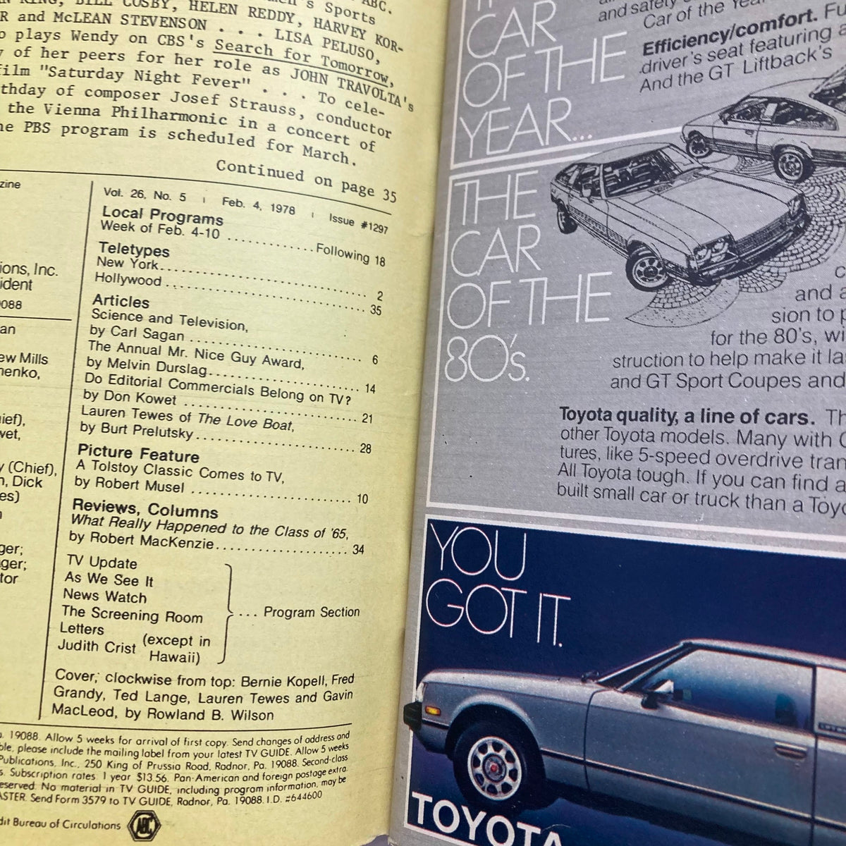 Inside page of TV Guide Magazine February 4, 1978, displaying listings and articles including a feature by Carl Sagan.