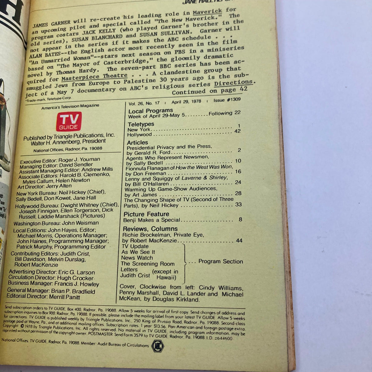 Back cover of the TV Guide Magazine April 29, 1978 with an article list including mention of the show's cast and notable articles.