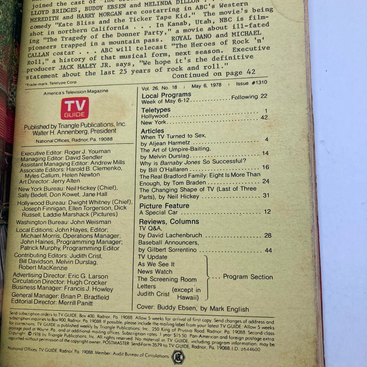 Back cover of TV Guide Magazine from May 6, 1978 featuring articles and programming details, titled 'TV Guide Magazine May 6 1978 Buddy Ebsen Buddy Ebsen Wheeling-Steubenville Ed.'