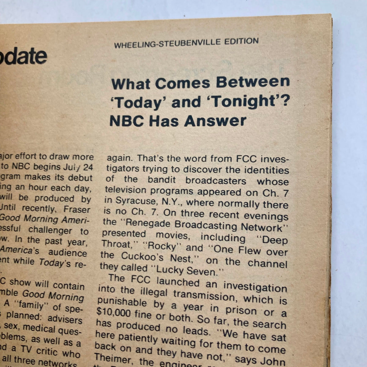 Inside page of TV Guide Magazine from May 6, 1978 discussing NBC's programming changes and a feature article titled 'What Comes Between 'Today' and 'Tonight'? NBC Has Answer', from 'TV Guide Magazine May 6 1978 Buddy Ebsen Buddy Ebsen Wheeling-Steubenville Ed.'
