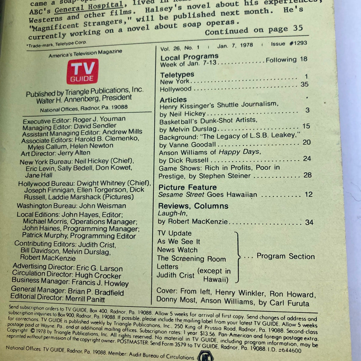 Interior page of TV Guide Magazine January 7, 1978, issue #1293 detailing articles and sections including Henry Kissinger’s Shuttle Journalism, with exhibitor information and local programs.