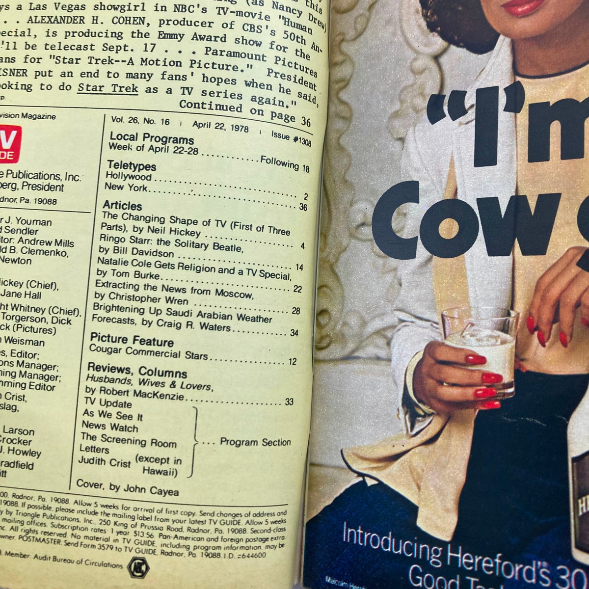 Inside page of TV Guide Magazine April 22 1978 #1308 showing a section with articles on television programming and local listings for the week.