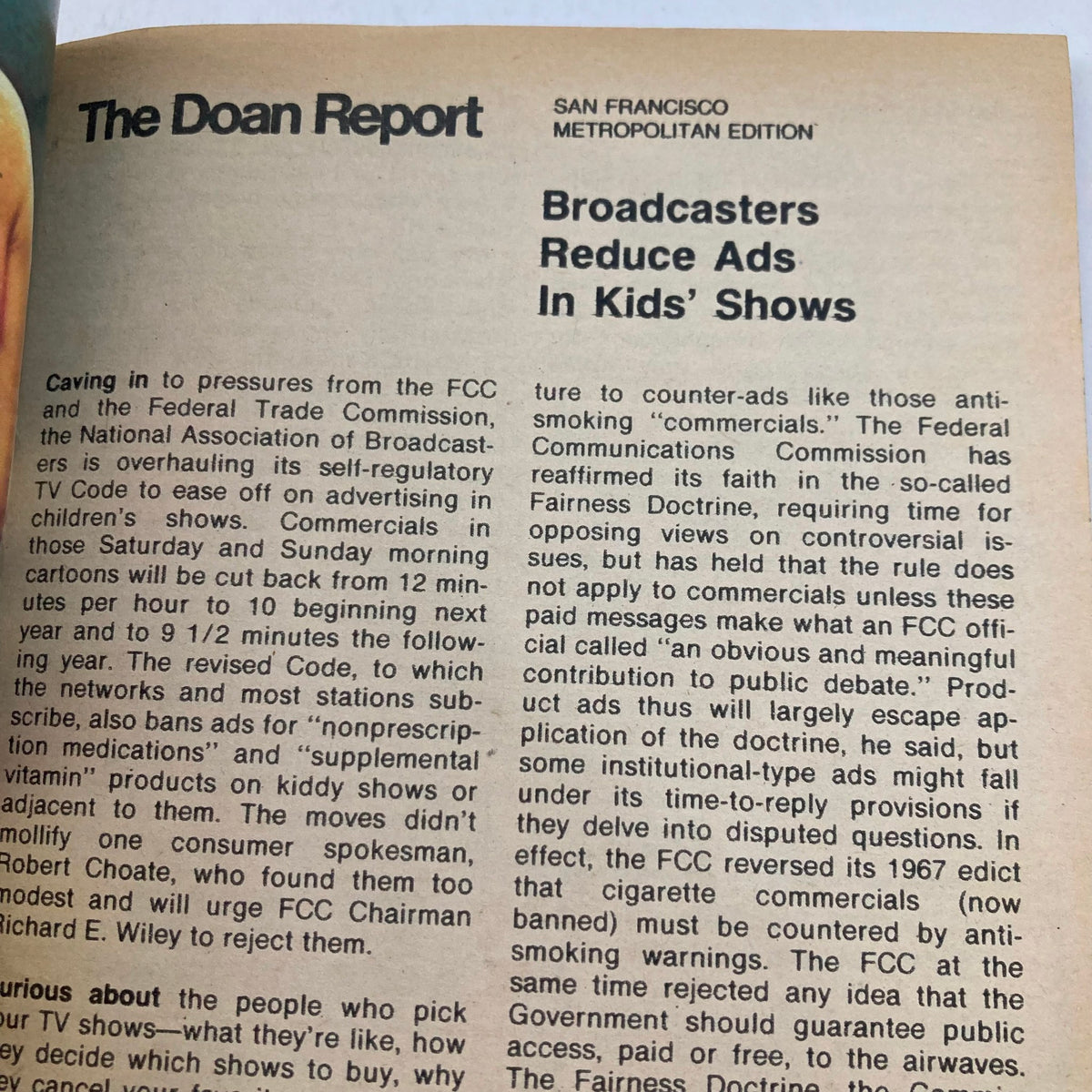 The Doan Report from TV Guide Magazine July 13 1974 #1111 featuring Johnny Carson, discussing FCC regulations on advertising in children's shows.