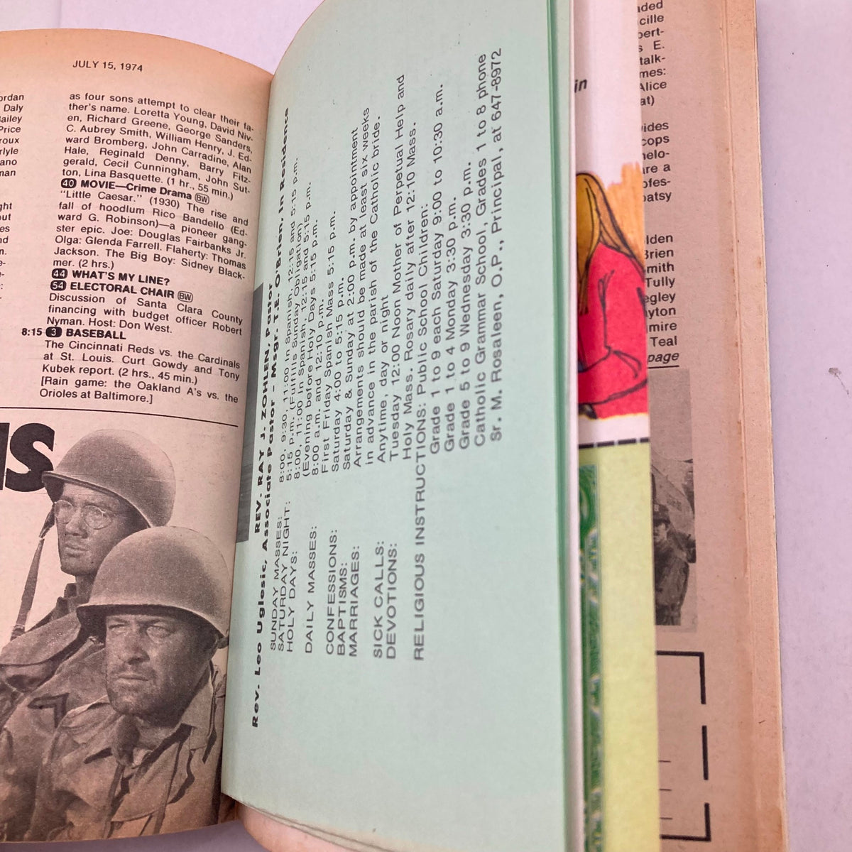 Inside view of TV Guide Magazine July 13 1974 #1111, displaying television listings and advertisements, highlighting the vintage layout.