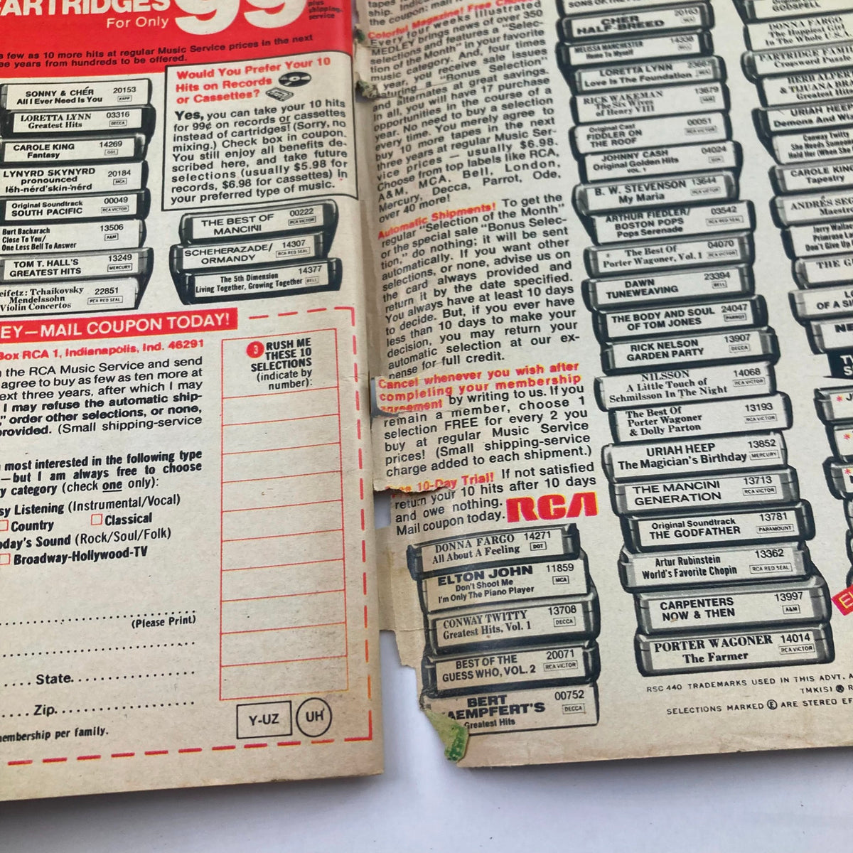 Page from TV Guide Magazine June 8 1974 #1106, showcasing a music advertisement for RCA Music Service, listing popular music selections and offering promotional deals on hit songs.