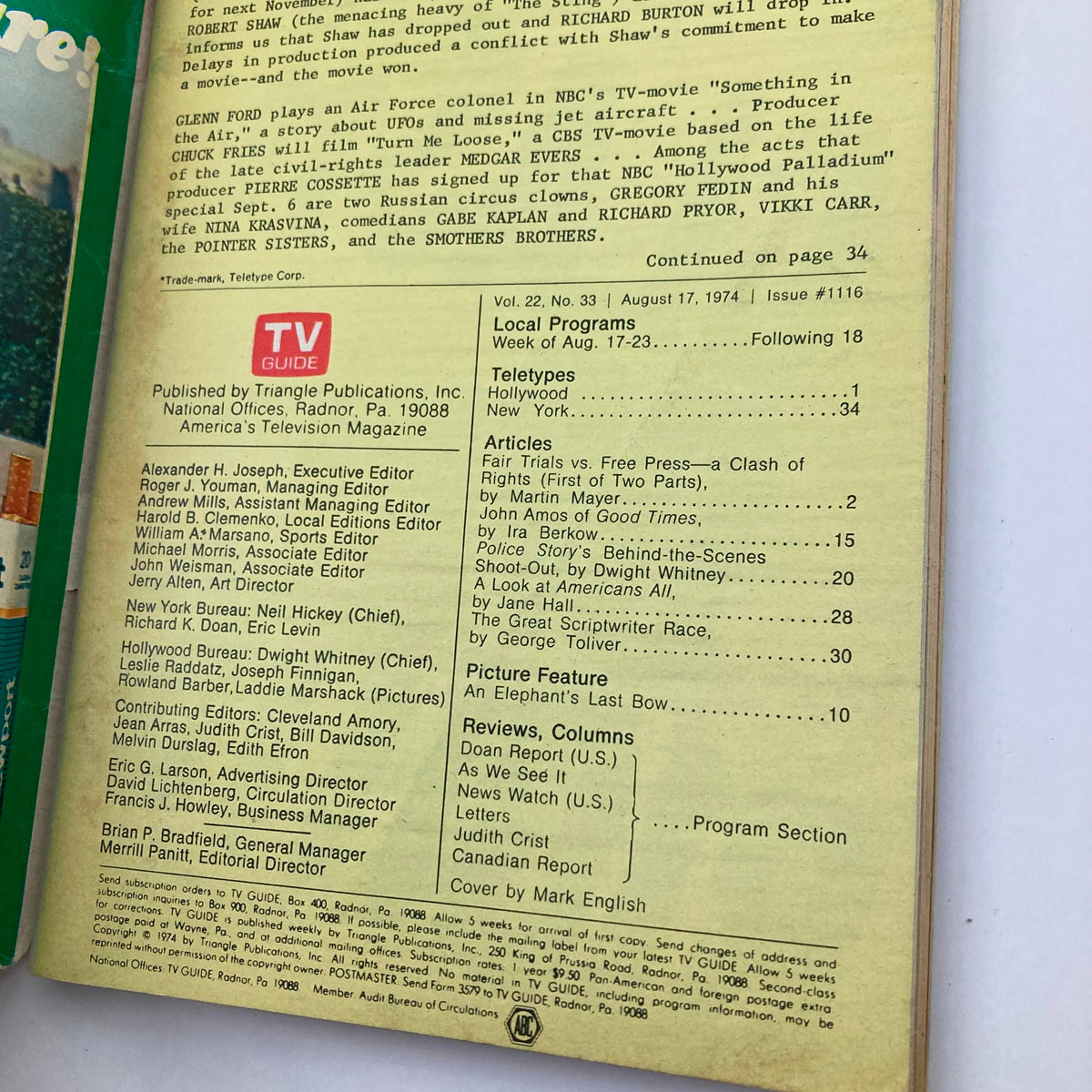 TV Guide Magazine August 17 1974 #1116 Fair Trials NY Metro Ed. No Label