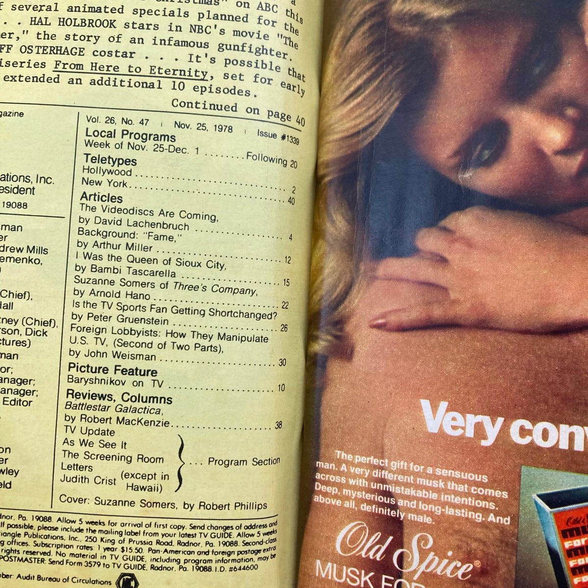 Inside pages of TV Guide Magazine November 25, 1978, displaying articles and features, including a section on Suzanne Somers and content about popular television shows of the time.