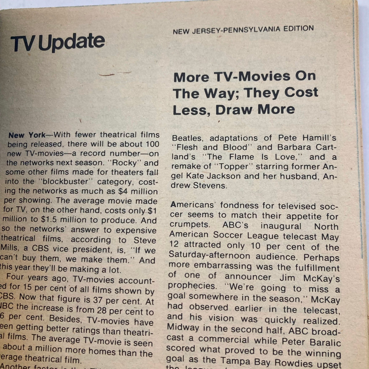 TV Update section from TV Guide Magazine June 2, 1979 presenting news on upcoming TV-movies and their production costs. The issue is #1366, showcasing content relevant to television history including information on networks and programming.