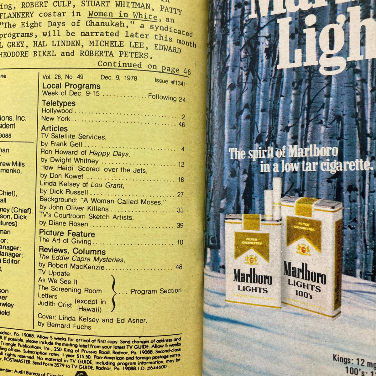 TV Guide Magazine December 9 1978 #1341 featuring the contents page including articles on popular TV series and advertisements, highlighting Linda Kelsey and Ed Asner.