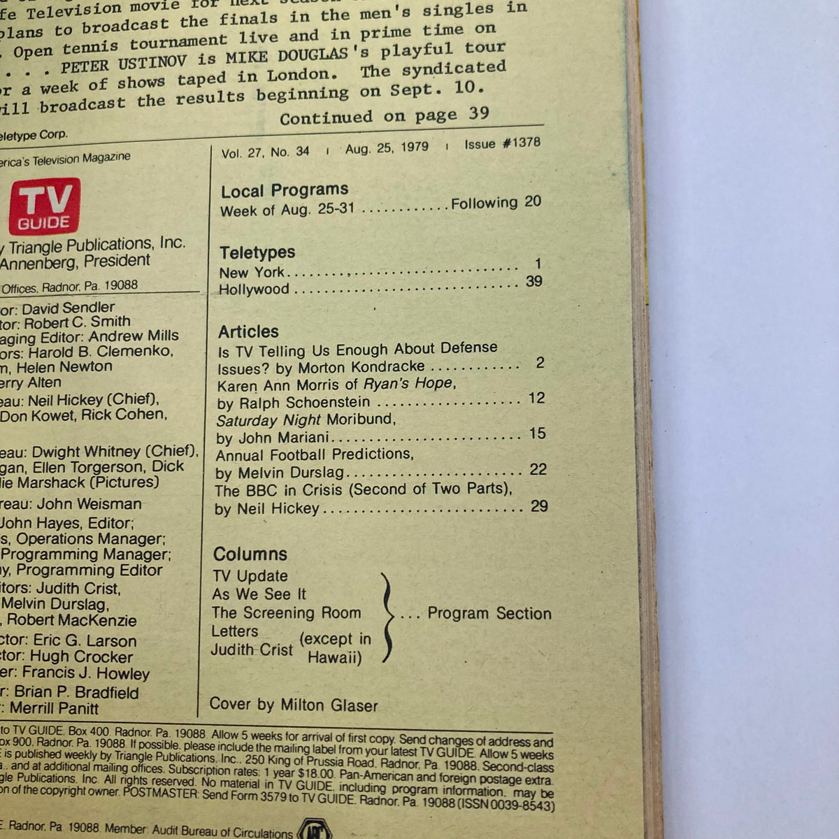 Inside page of TV Guide Magazine August 25 1979 #1378 displaying local programs and an article list.