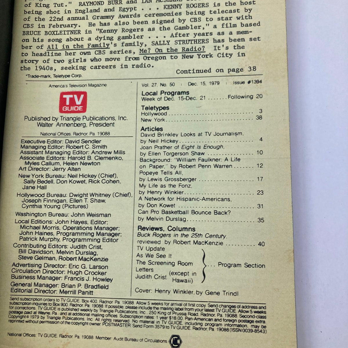 Back cover page of TV Guide Magazine December 15 1979 issue #1394 featuring articles and program listings related to classic television.