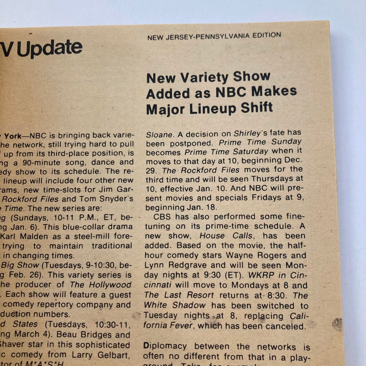 TV Update section from TV Guide Magazine December 15 1979 issue #1394 detailing NBC's lineup changes and new variety shows.