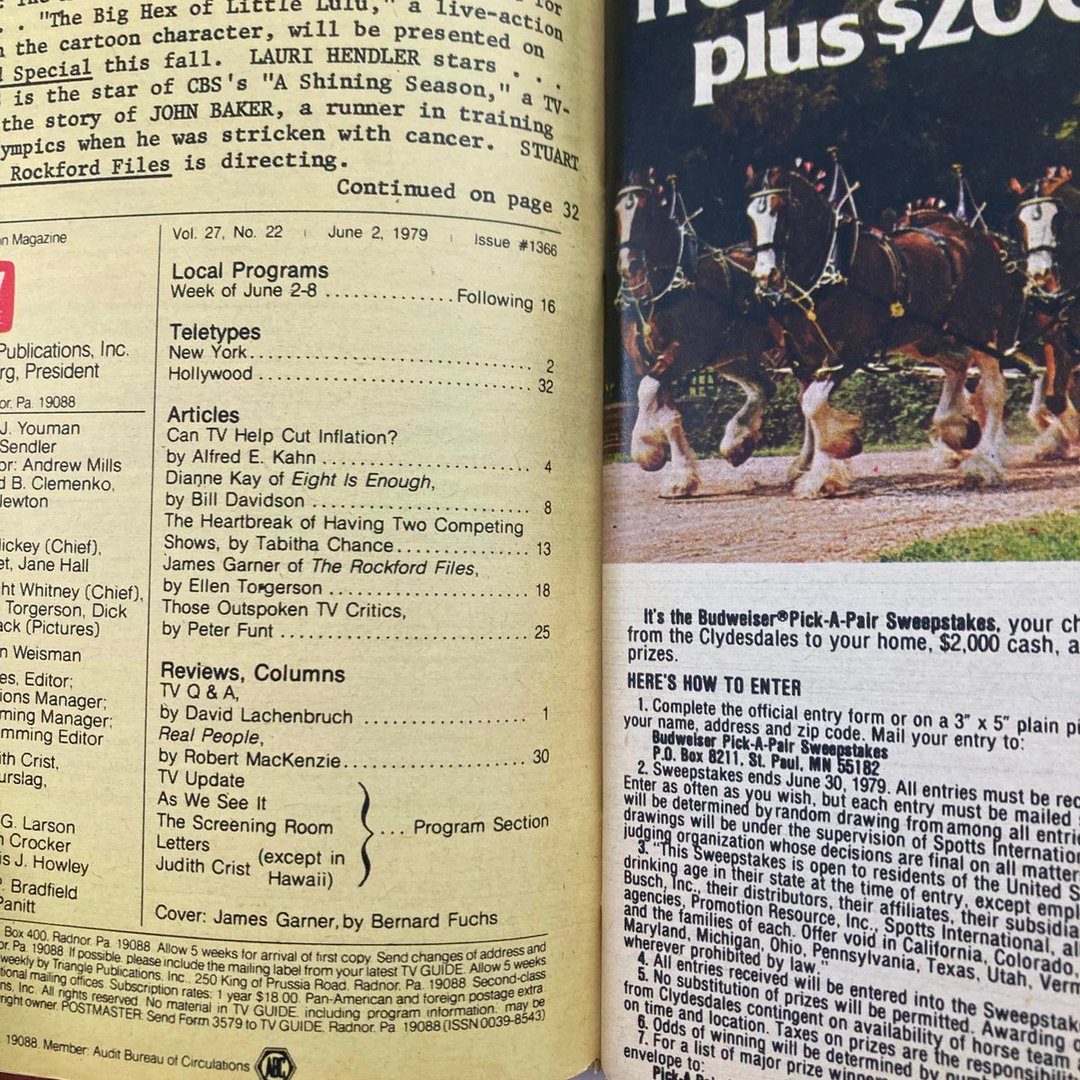 Inside page of TV Guide Magazine June 2 1979 #1366, highlighting local program details and articles related to James Garner, with advertisements and magazine layout.