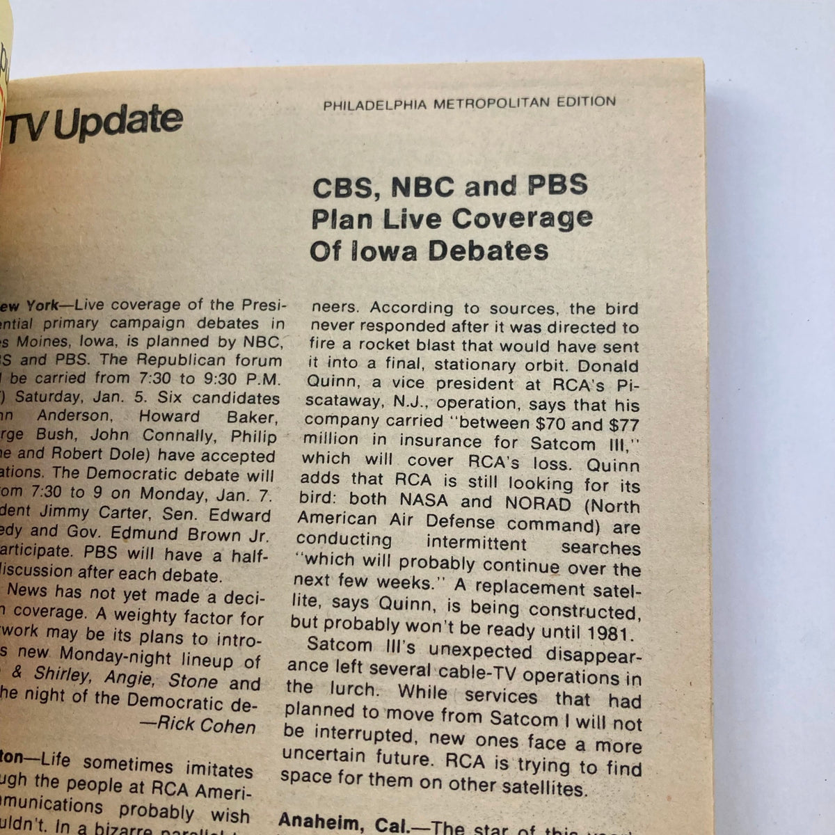 TV Update section from TV Guide Magazine December 29 1979, featuring news about live coverage of Iowa debates by CBS, NBC, and PBS.