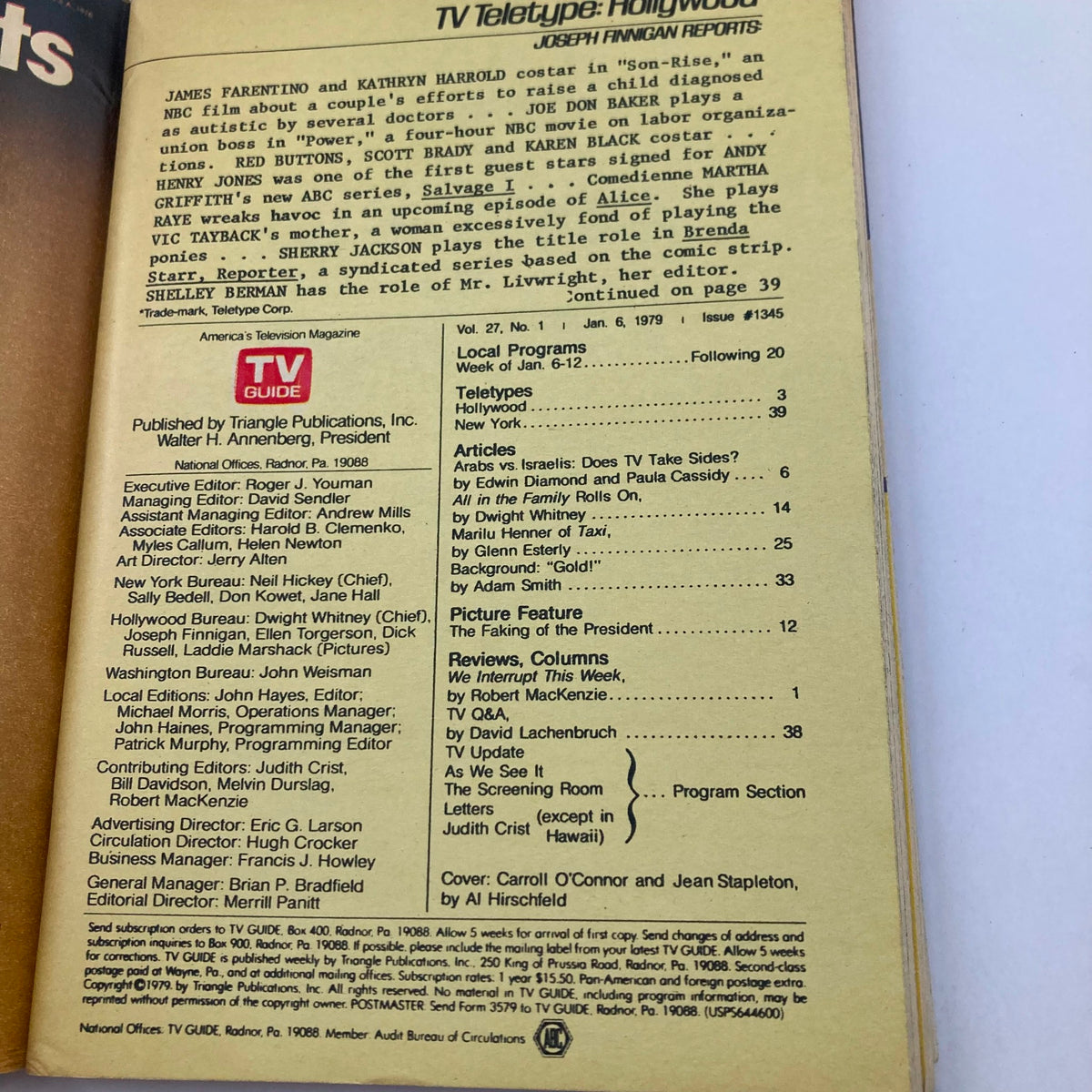 Back cover of TV Guide Magazine January 6, 1979, with detailed listings and articles from that issue, featuring the editorial team and contents overview.