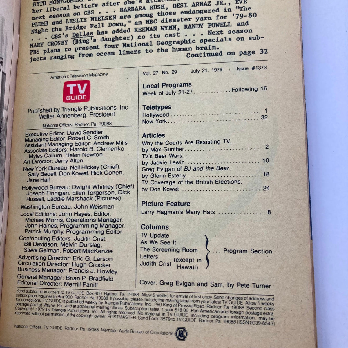 Interior page of TV Guide Magazine July 21, 1979, Issue #1373. Includes listings and articles with a focus on local programs, featuring content about Greg Evigan of 'BJ and the Bear'.
