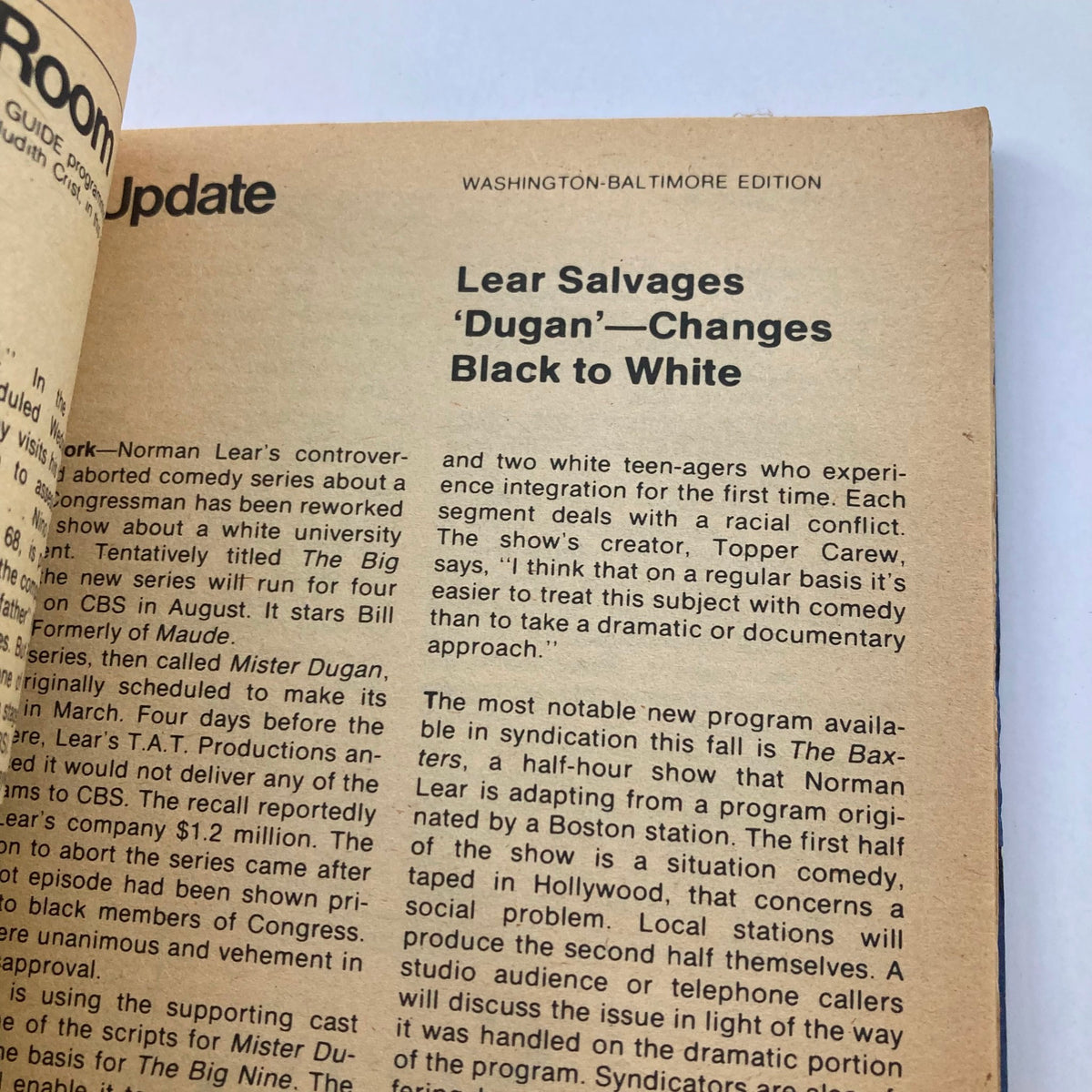 Close-up of an article titled 'Lear Salvages ‘Dugan’—Changes Black to White' from TV Guide Magazine July 21 1979 #1373, detailing changes in a TV show's format and racial themes.