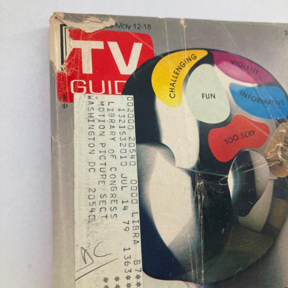 Close-up view of the cover of TV Guide Magazine May 12 1979, Issue #1363, showcasing the title 'What Viewers Love/Hate About Television' accompanied by colorful categories including 'Challenging', 'Too Sexy', and 'Violent', along with a library label.