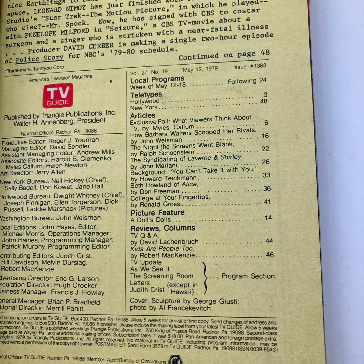 Back cover of TV Guide Magazine May 12, 1979, Issue #1363 featuring contents list including local programs and articles.
