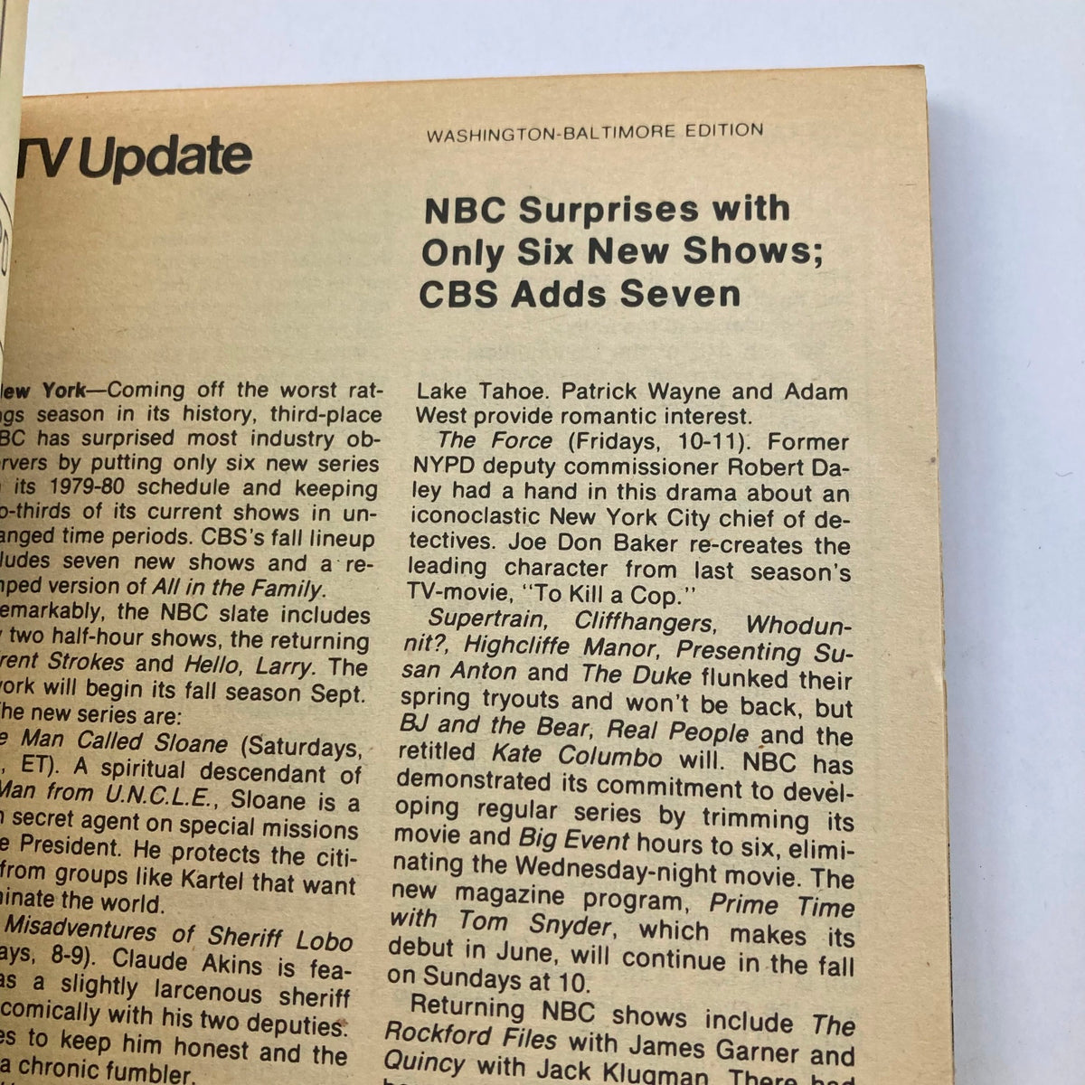 TV update section from TV Guide Magazine May 12, 1979, Issue #1363 discussing NBC's new shows and CBS's programming additions.