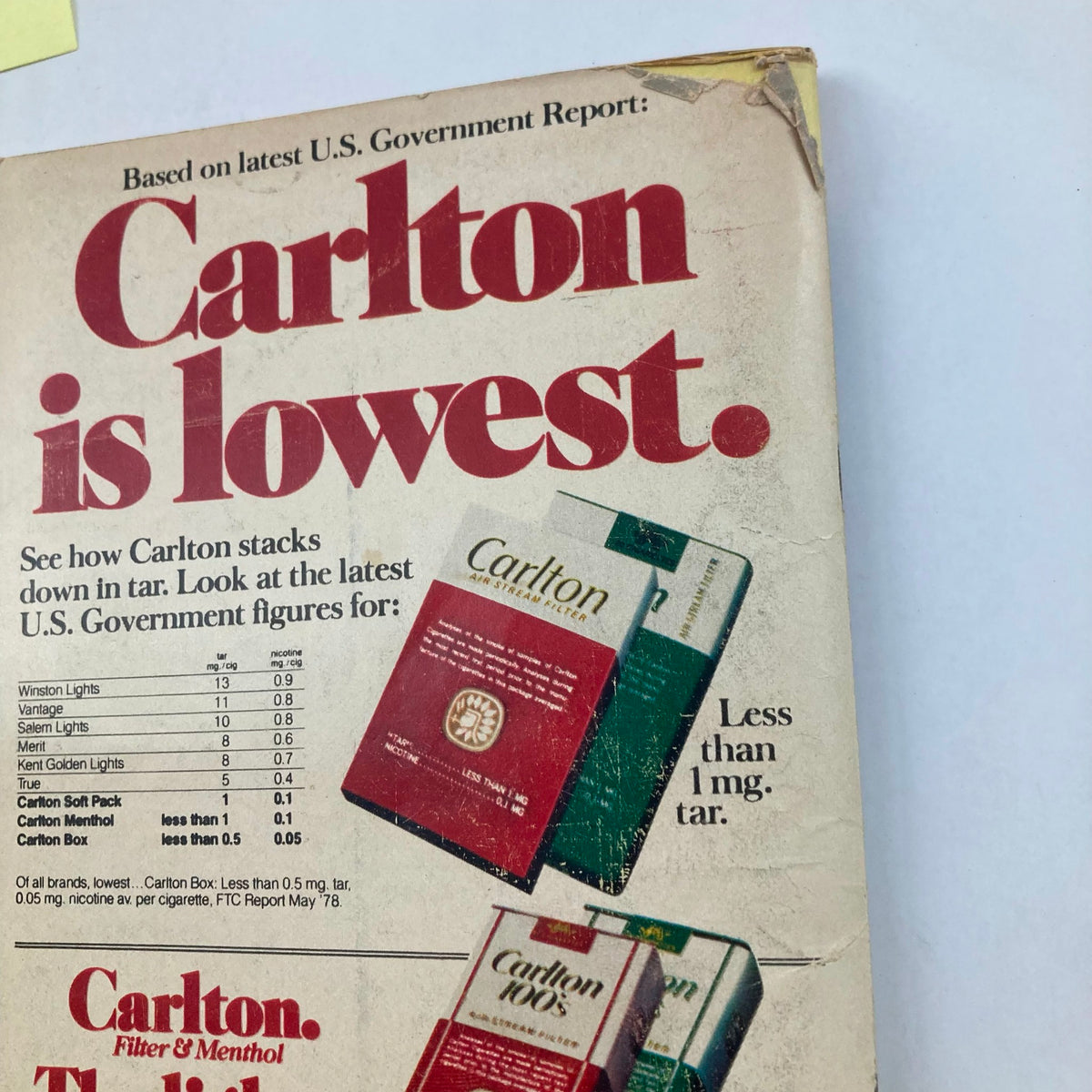 Advertisement on the back cover of TV Guide Magazine May 12, 1979, Issue #1363 promoting Carlton cigarettes and their low tar content.