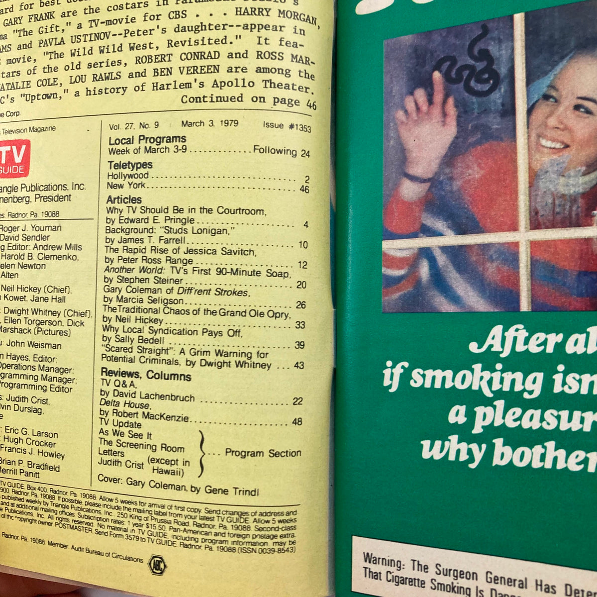 Inside pages of TV Guide Magazine March 3 1979, showcasing local programs and articles, with a prominent feature on Gary Coleman.