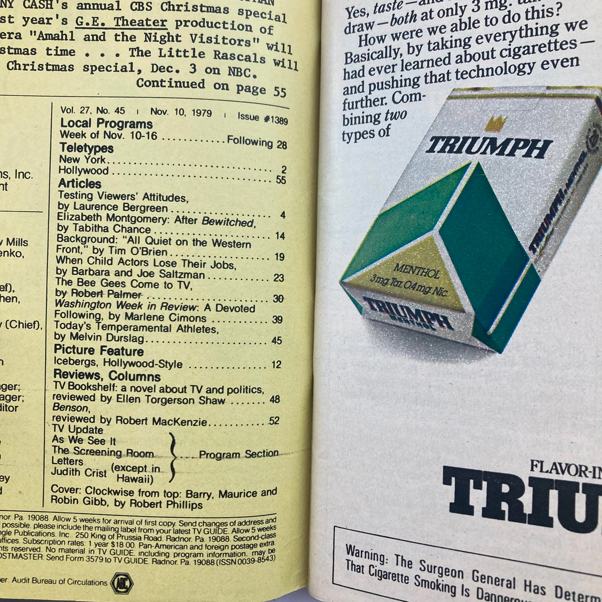 Inside page of TV Guide Magazine November 10 1979, displaying program listings and articles including the Bee Gees, reflecting entertainment culture of the era.