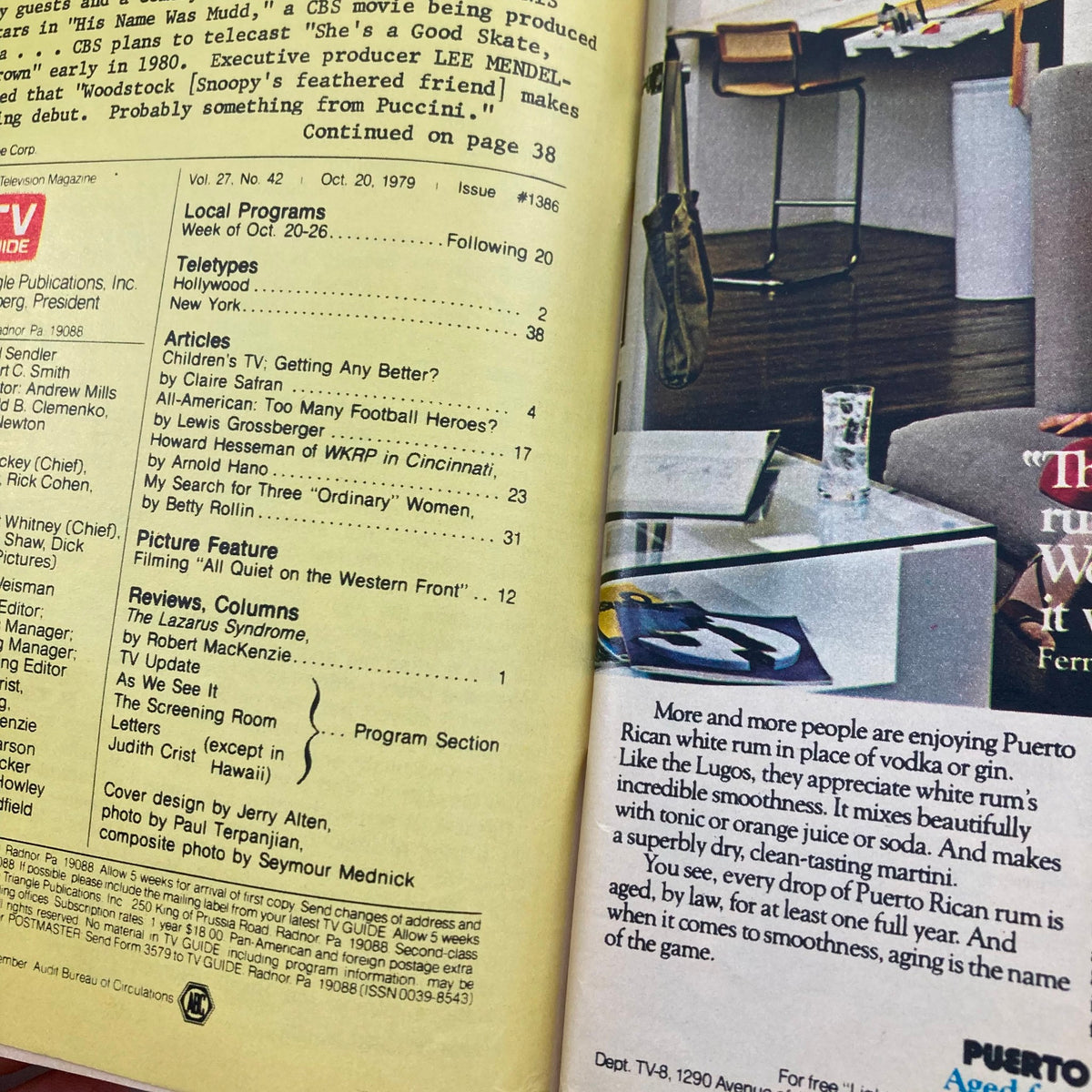 Interior page from TV Guide Magazine October 20 1979 #1386, featuring local programs, articles, and a picture feature, highlighting 'The Lazarus Syndrome' and 'All Quiet on the Western Front'.