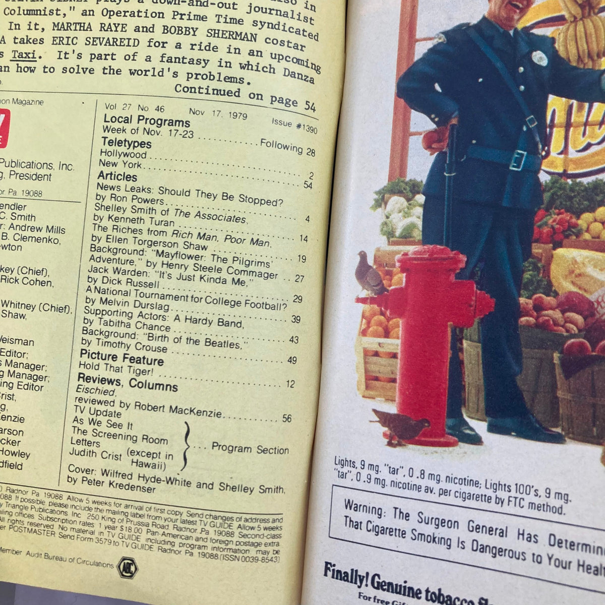 Inside page of TV Guide Magazine dated November 17, 1979, showing local program listings and articles, labeled as issue #1390.