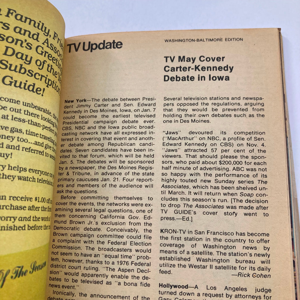 Article titled 'TV Update' from the November 17, 1979 edition of TV Guide Magazine discussing the possible coverage of the Carter-Kennedy debate in Iowa, labeled as Washington-Baltimore edition.