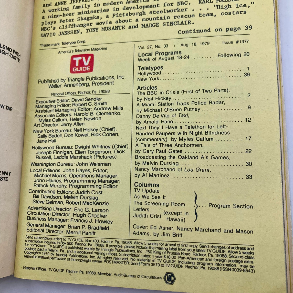 Interior page of TV Guide Magazine August 18 1979 Issue #1377, displaying the editorial information and listing of articles, reflecting the television culture of the 1970s.