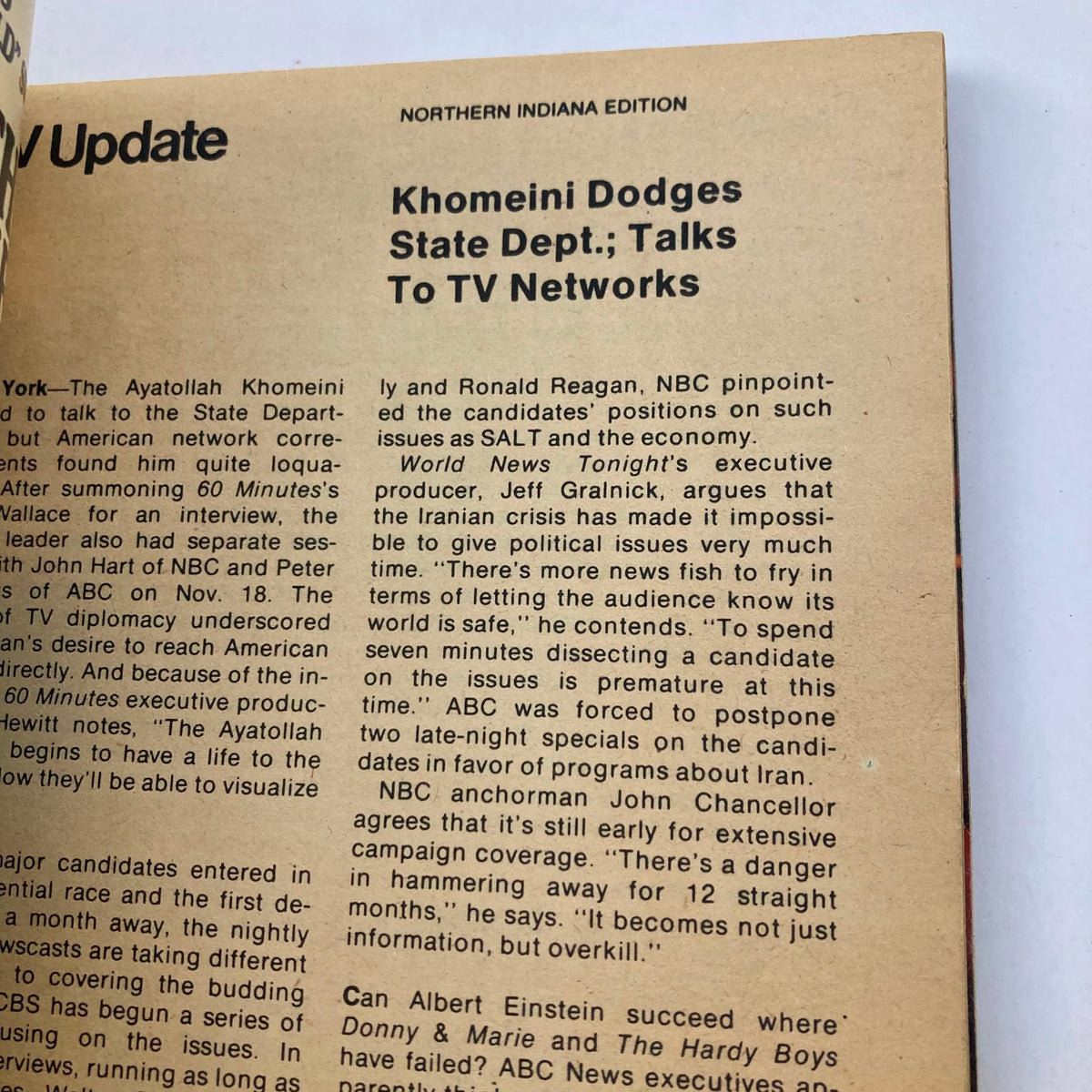 Interior page of TV Guide Magazine December 1 1979 #1392 discussing political issues and Khomeini's talk with TV networks.