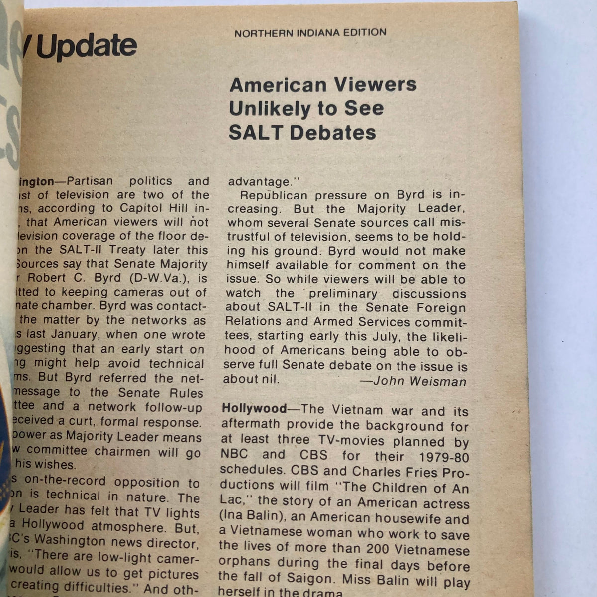 Another inside page of TV Guide Magazine June 9, 1979, issue #1367, featuring an article titled 'American Viewers Unlikely to See SALT Debates' with information relevant to television during that era.