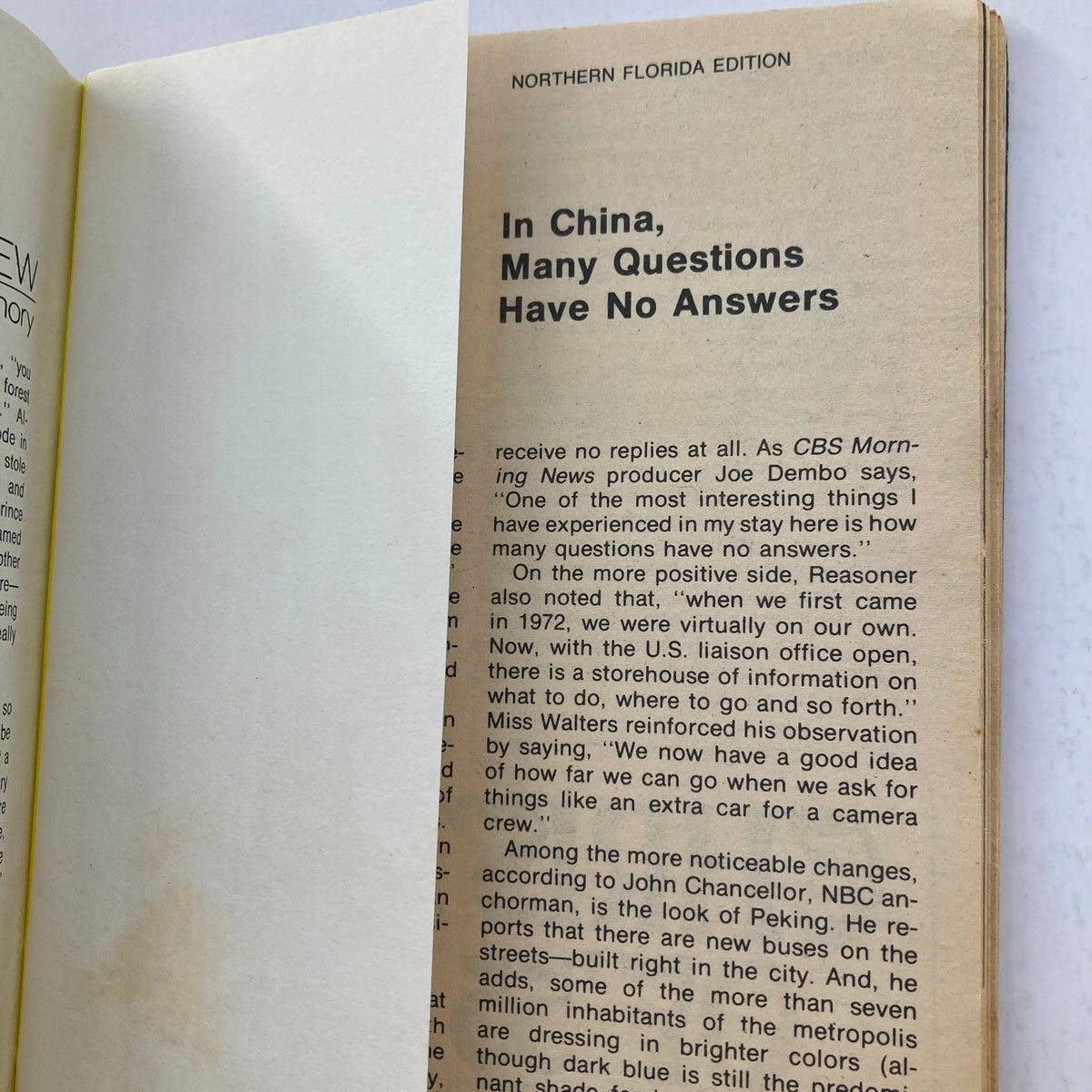 Interior page from TV Guide Magazine December 13 1975 #1184 Robert Wagner Northern Florida Edition, featuring an article titled 'In China, Many Questions Have No Answers' discussing media perspectives on China.