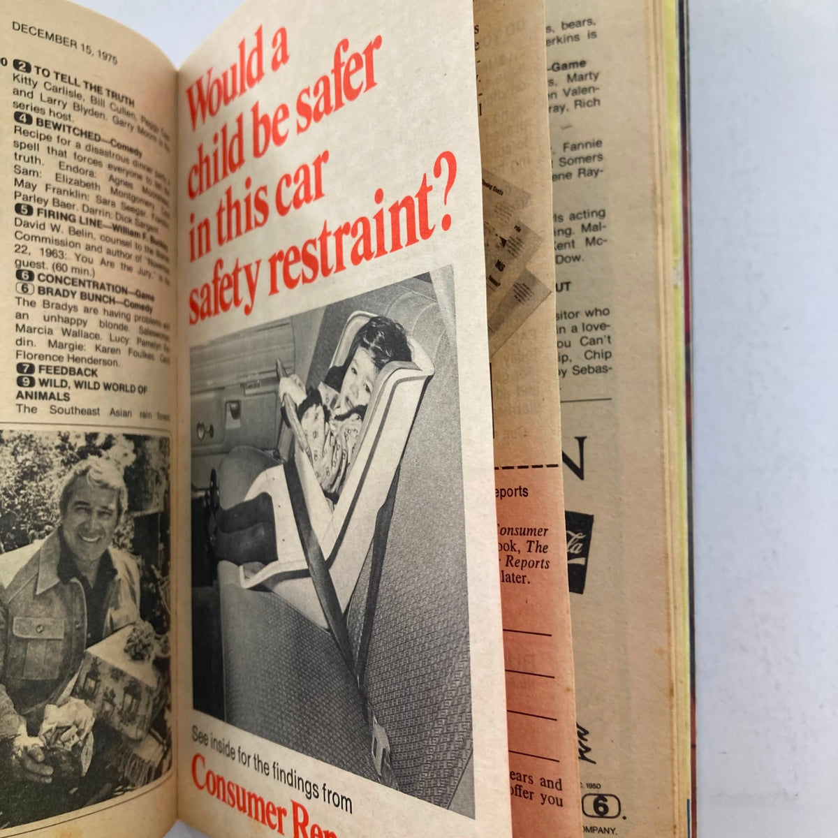 Interior page from TV Guide Magazine December 13 1975 #1184 Robert Wagner Northern Florida Edition, showcasing a question about child safety in car restraints with a related image, reflecting consumer concerns of the time.