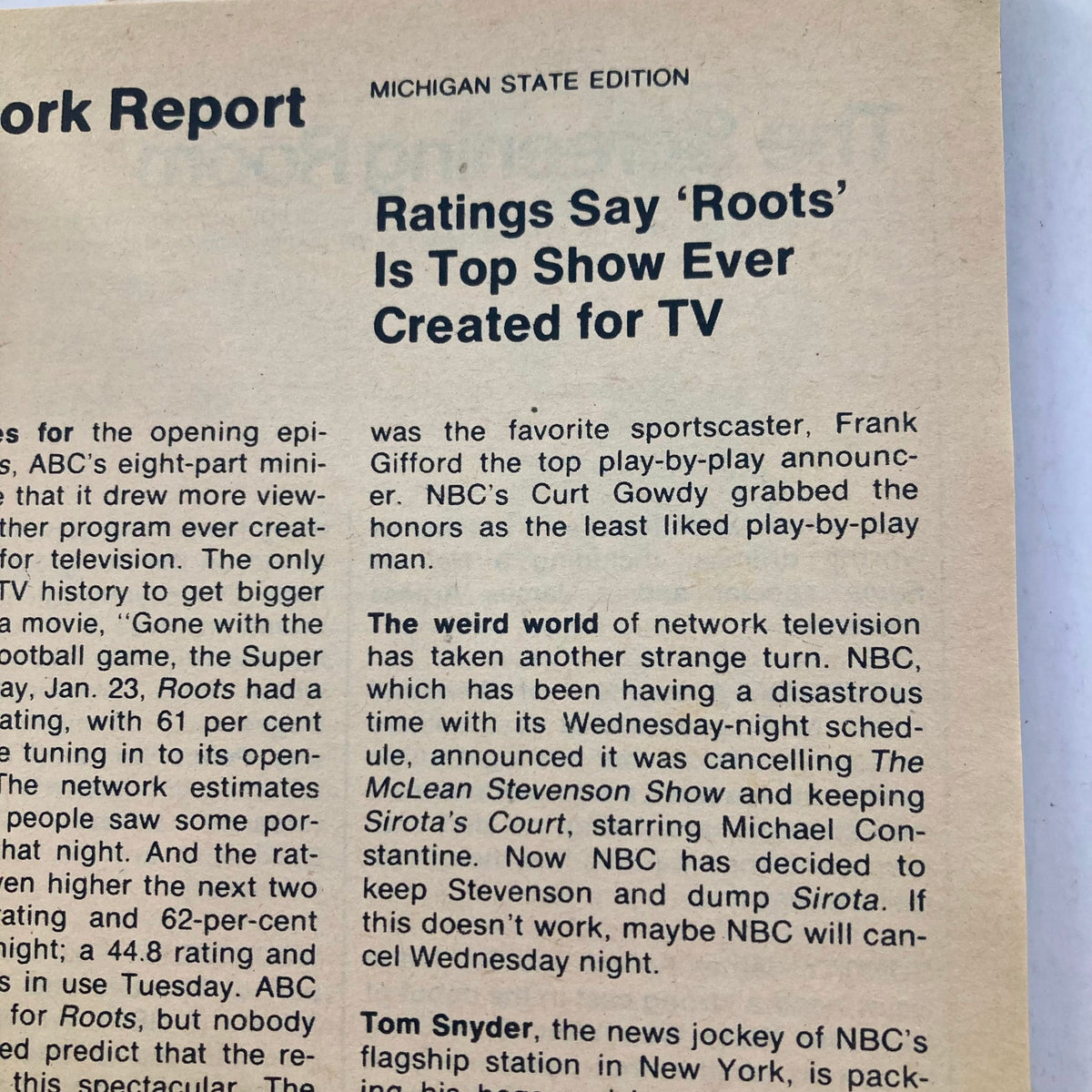 TV Guide Magazine February 5, 1977 showcasing an article discussing the ratings of the top TV show 'Roots', highlighting its significance in television history.