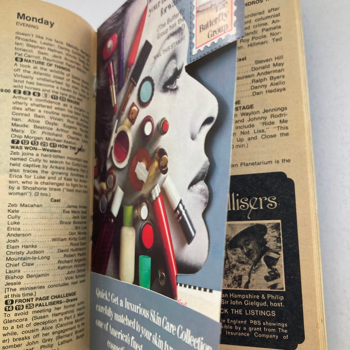 TV Guide Magazine February 5, 1977 displaying a visually striking advertisement on a page featuring a woman's profile embellished with makeup items, illustrating the beauty trends of the 1970s.