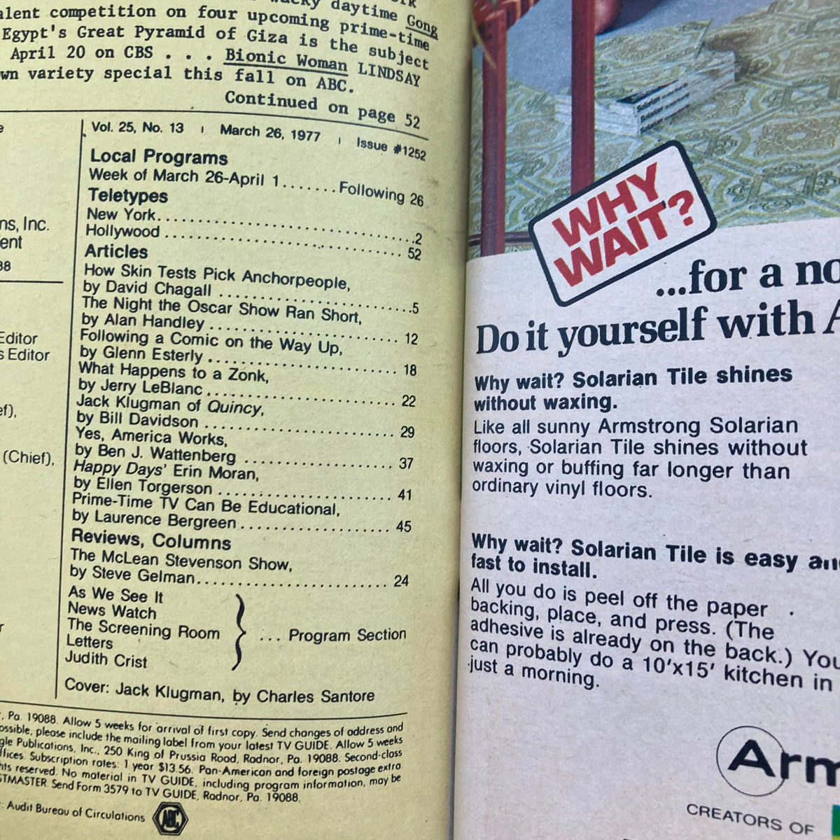 Inside page of TV Guide Magazine March 26, 1977, displaying the table of contents with articles and reviews, including features on Jack Klugman.