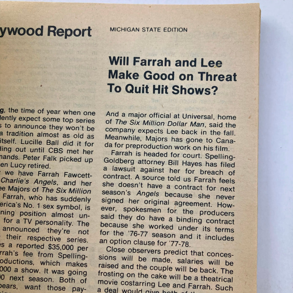 Hollywood Report from TV Guide Magazine March 26, 1977, discussing updates on popular television shows, including news about Farrah Fawcett and Lee Majors.