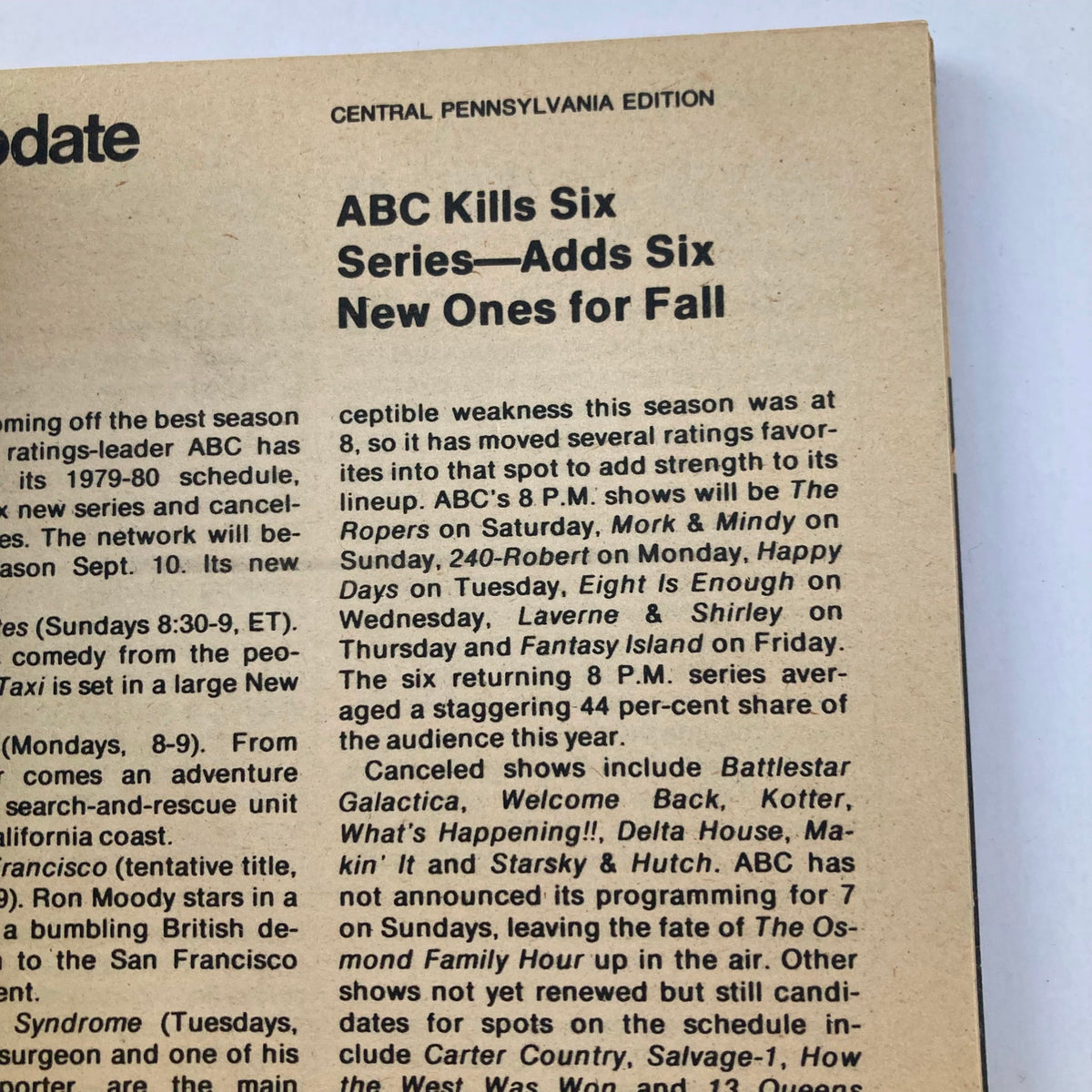 Interior page of TV Guide Magazine May 5, 1979, detailing ABC's programming updates, including the cancellation of six series and the addition of new ones for fall 1979.