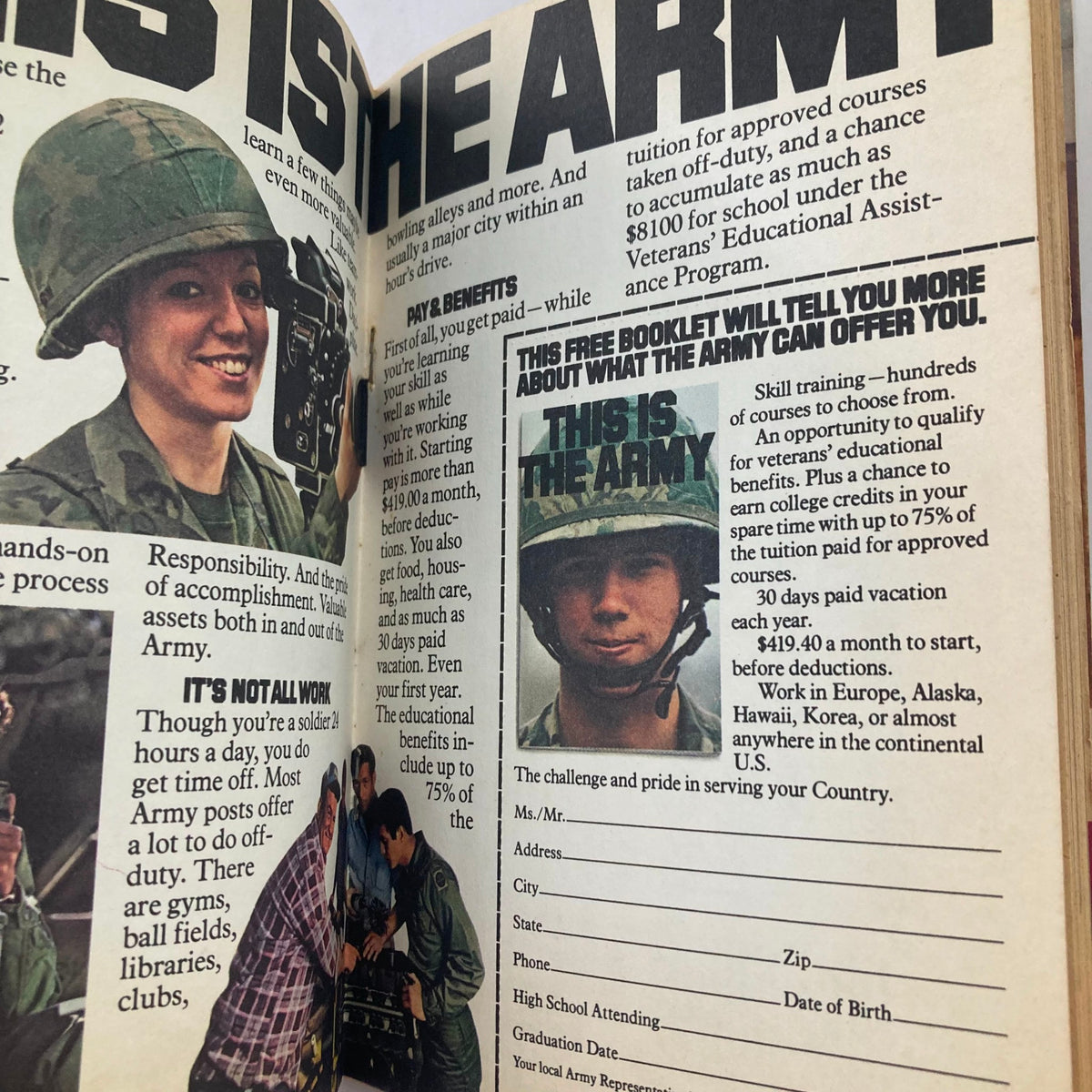 Another interior page from TV Guide Magazine May 5, 1979, discussing benefits of joining the Army, illustrated with images of soldiers and information about educational assistance.