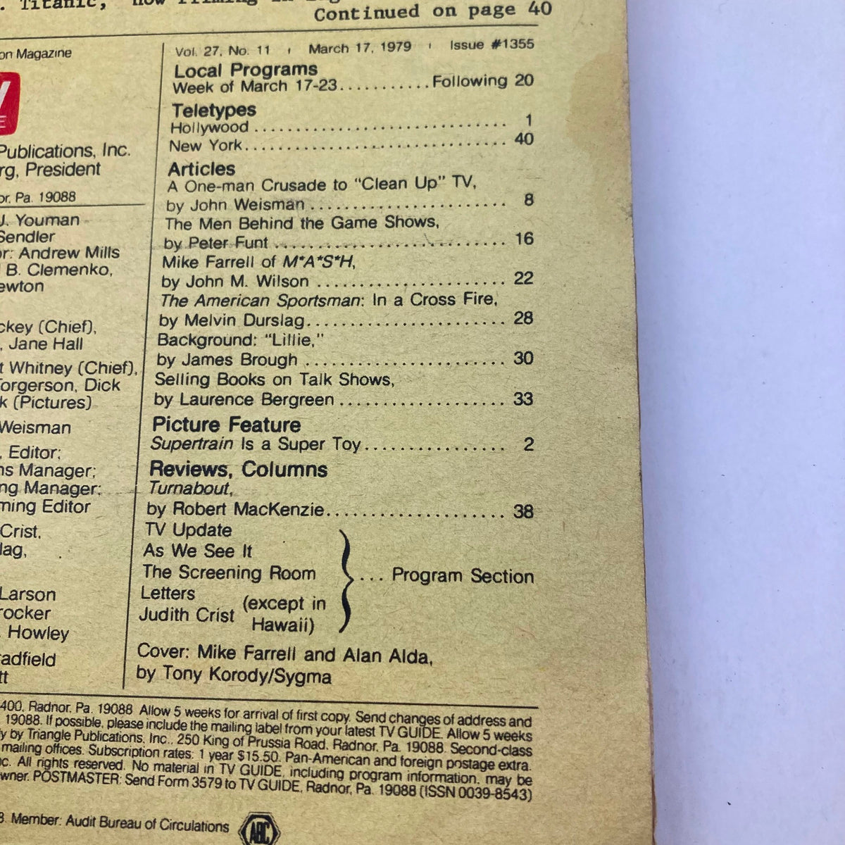Table of contents from TV Guide Magazine March 29, 1979 #1355 listing articles and features including Mike Farrell from M*A*S*H.