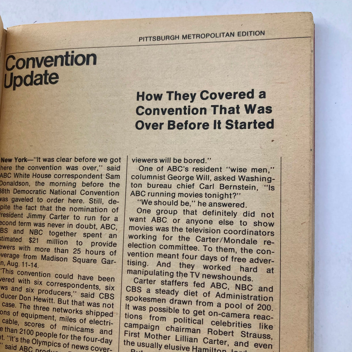 Convention Update section from TV Guide Magazine August 23 1980 #1430 discussing news coverage of the Democratic National Convention.