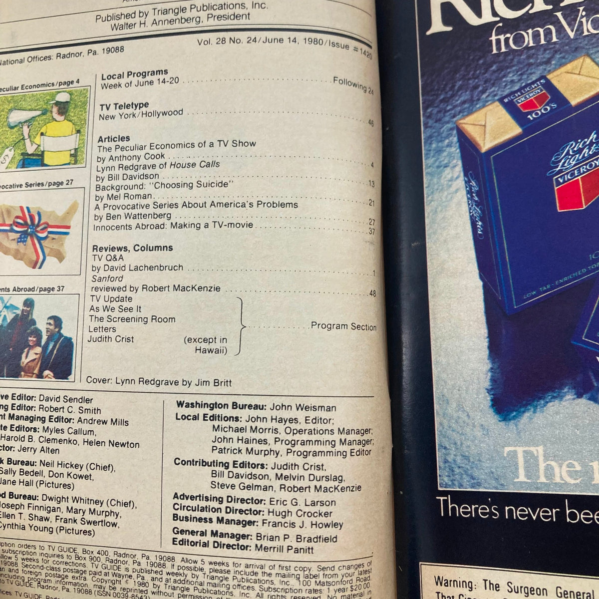 Inside page of TV Guide Magazine June 14 1980 displaying contents including articles related to Lynn Redgrave of 'House Calls', and local TV programs for the week.