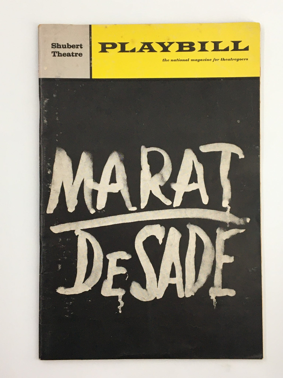 Cover of the 1967 Playbill for the Shubert Theatre featuring 'Marat de Sade' with a striking black and white title.
