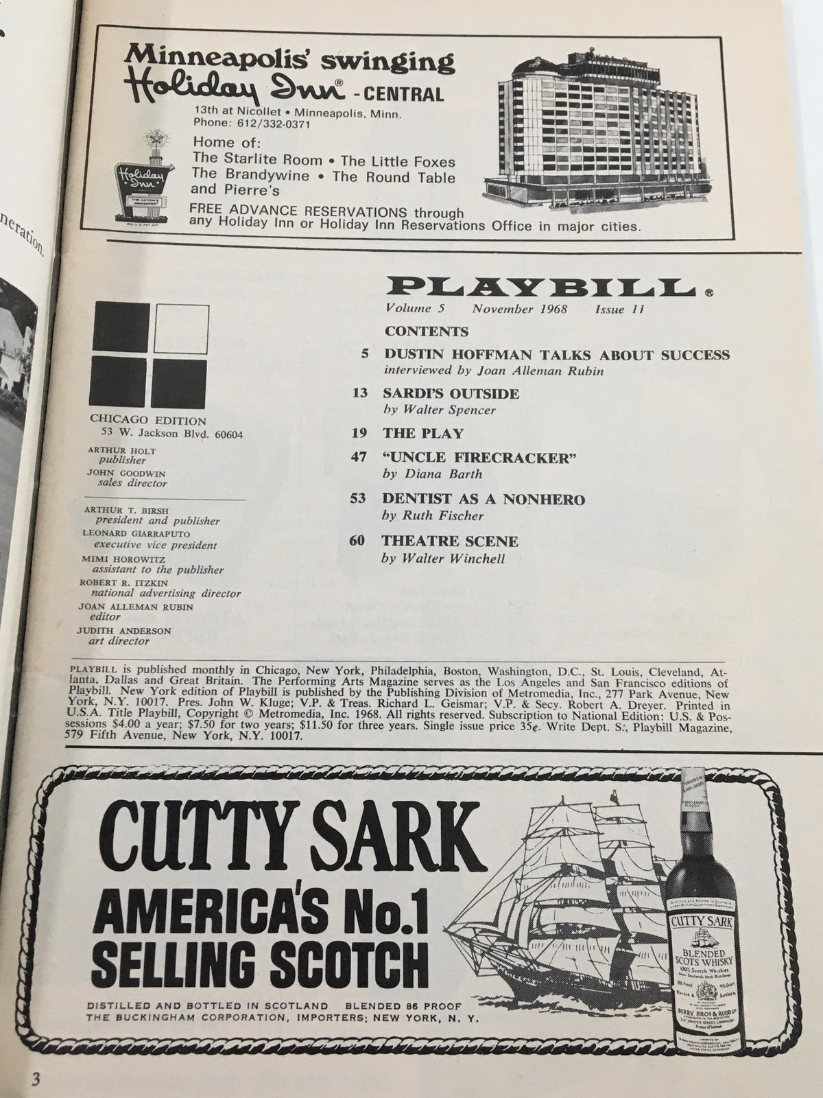 Inside page of a 1968 Playbill for Plaza Suite at Blackstone Theatre, listing contents and advertisements related to the theater and performance.