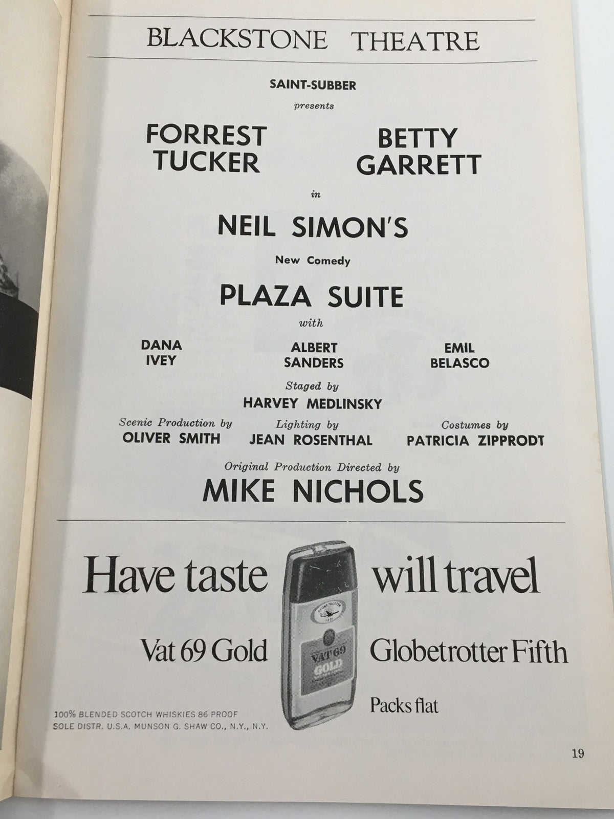 Promotional page from the 1968 Playbill highlighting Forrest Tucker and Betty Garrett in Plaza Suite at Blackstone Theatre, including production details.