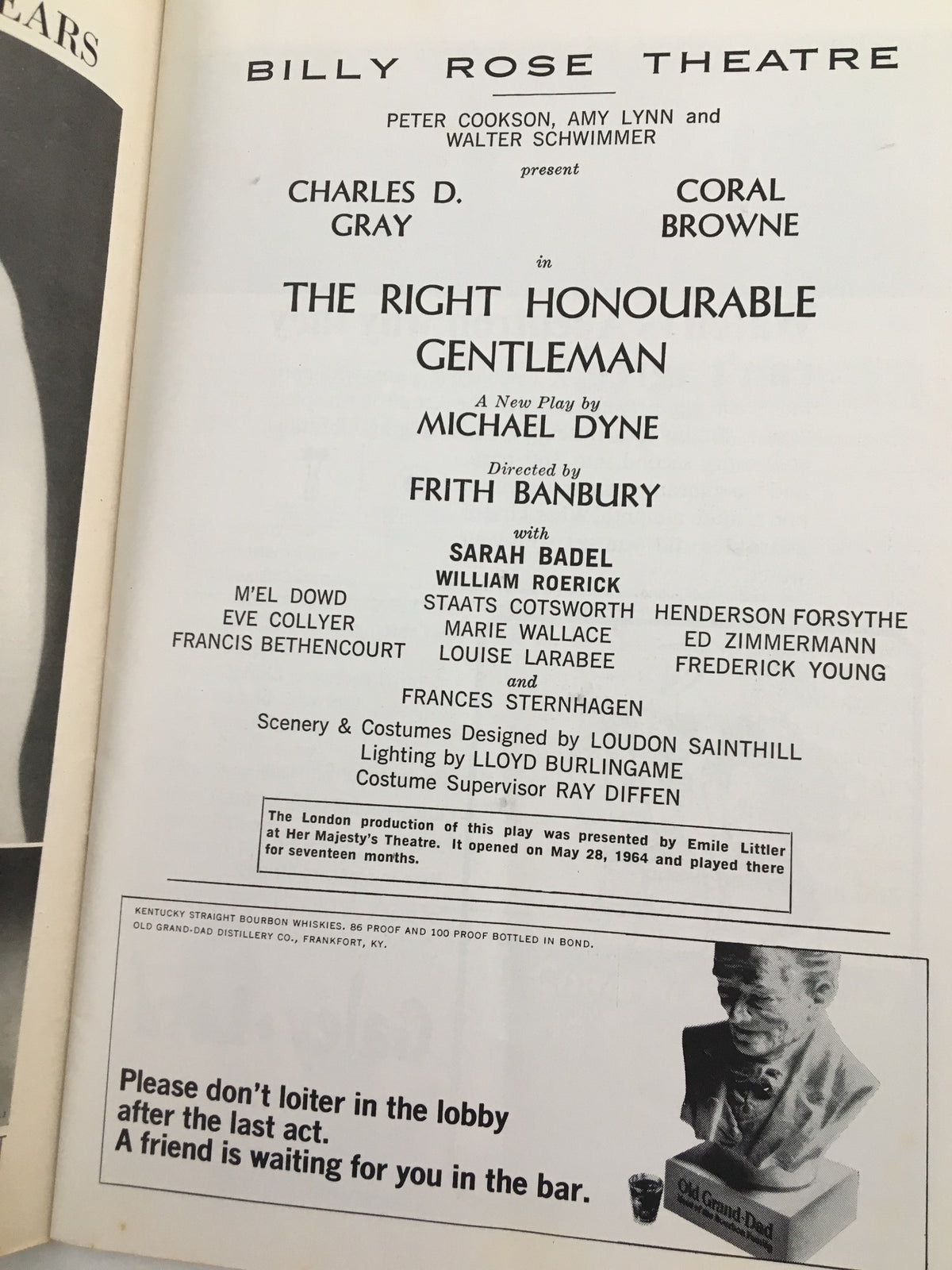 Another inside page from the 1965 Playbill for The Right Honourable, detailing the cast and crew information for the production at the Billy Rose Theatre.